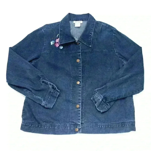 Blair Women's Large Embroidered Floral Collared Chambray Button-Up Denim Shacket - Picture 2 of 9